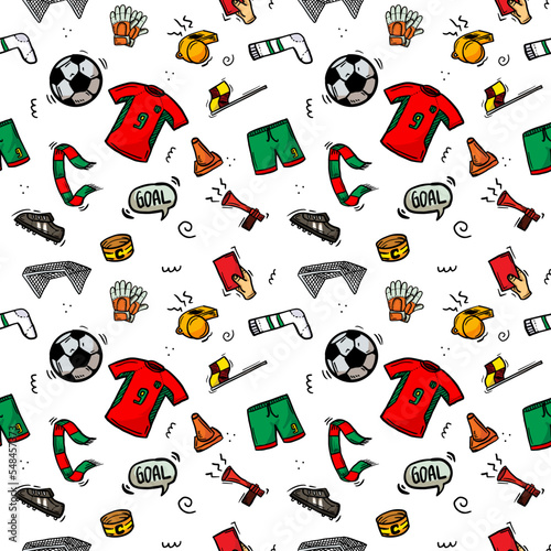 Seamless pattern of football doodle. Hand drawn illustration, kids style playful and colorful.