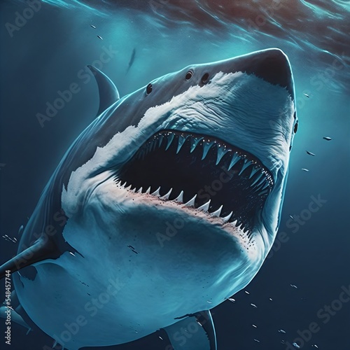 closeup of a white shark in the blue clean ozean, mouth, teeth, danger, wild, generative ai photo