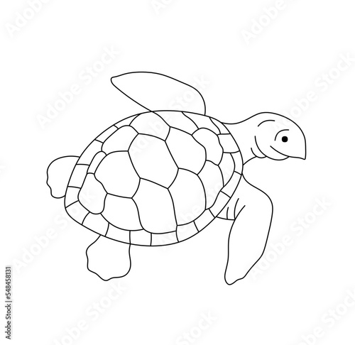 Vector isolated cute cartoon swimming floating sea turtle  colorless black and white contour line easy drawing