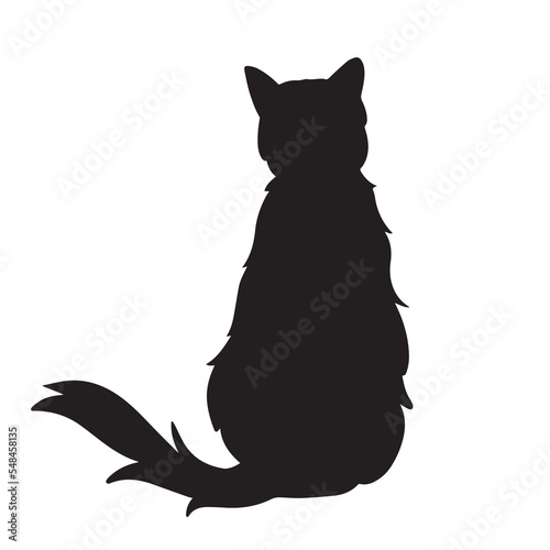Black cat silhouette from behind back view with visible fur tail isolated on white background. Simple black illustration drawing on plain wallpaper.