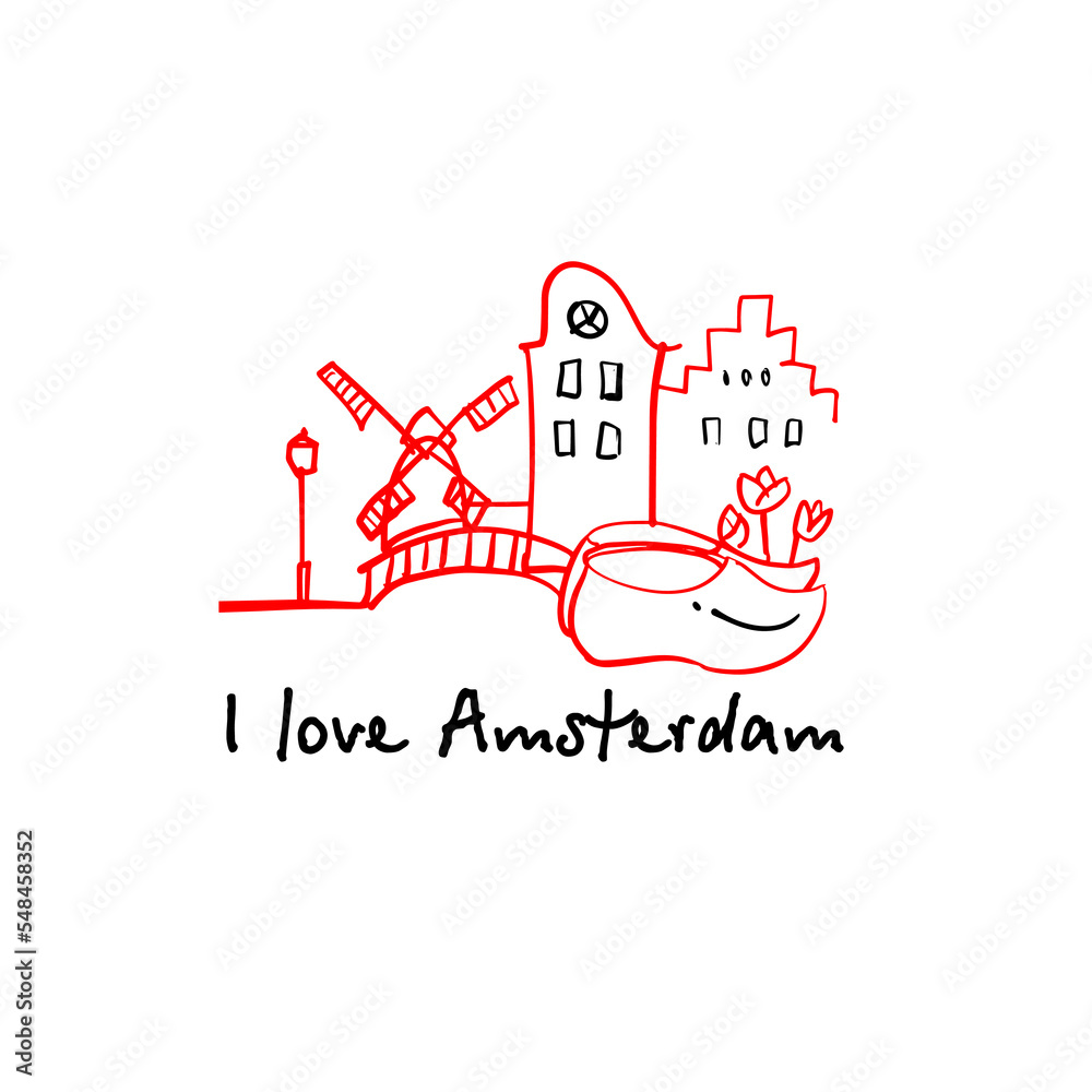 Obraz premium I love Amsterdam. Symbols of Holland. Architecture, wooden shoes, tulips. Design element of postcards, posters, stickers, packaging, souvenirs, etc. Hand-drawn vector illustration of doodles