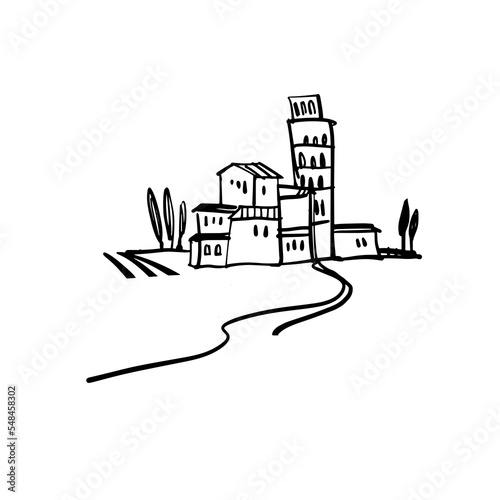 Italian landscape. Tuscany. A hand-drawn sketch. Design element for postcards, prints, stickers, social media, etc. Vector doodle illustration.