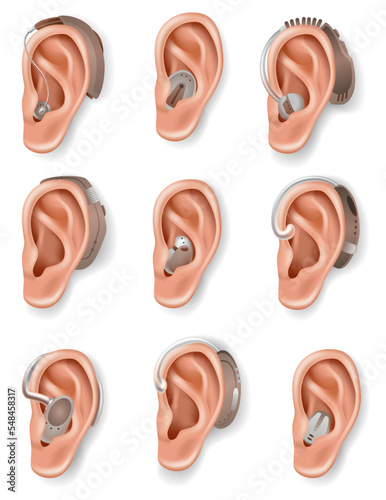 Hearing aid set. Sound amplifiers for patients with hearing loss. Medicine and health. Realistic object behind the ear. Treatment and prosthetics in otolaryngology