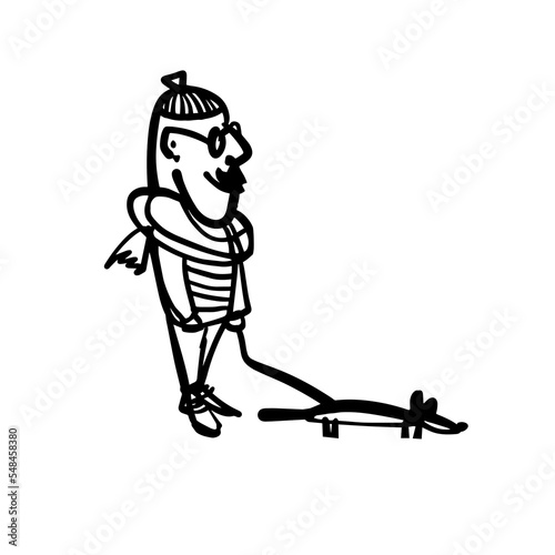 A man walks with a dog. A hand-drawn character. Vector doodle illustration