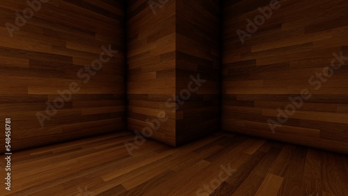 Blank wood display on wood background with minimal style and spot light. wood Blank stand for showing product. 3D rendering.