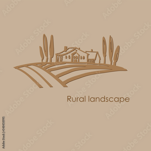 Rural landscape with houses, cypresses and fields Hand-drawn sketch. Vector color illustration