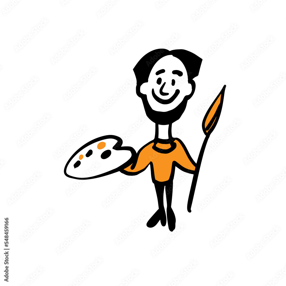 A cute artist with a brush and palette in his hands. Vector color doodle illustration A cute artist with a brush and palette in his hands. Vector color doodle illustration
