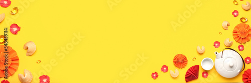 Chinese symbols on yellow background with space for text. New Year banner