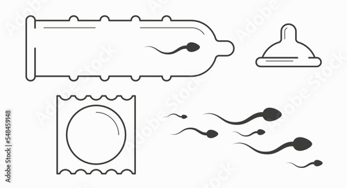 Side view condom, rolled up and packaged. Flat vector illustration isolated on white