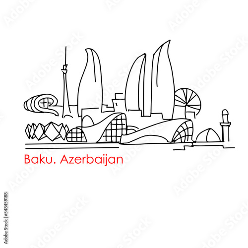Architectural sights of the capital of Azerbaijan, Baku. Hand-drawn vector doodle illustration.