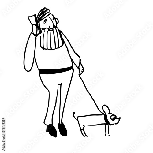 A man walks with a dog. A hand-drawn character. Vector doodle illustration