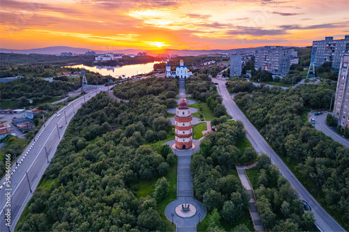 Murmansk, Russia Aerial view panorama of city memorial Lighthouse northern city sunset photo