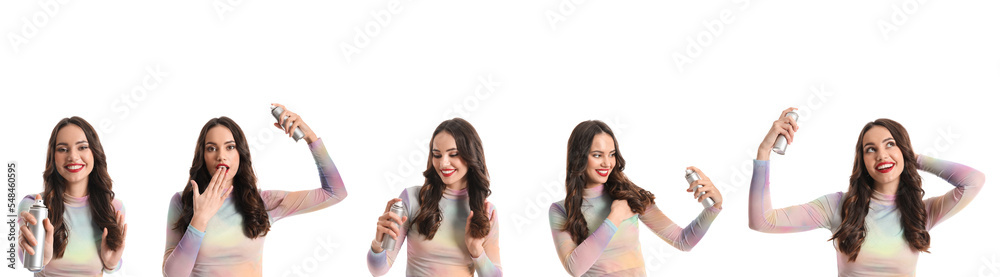 Set of pretty young woman with hair spray on white background Set of pretty young woman with hair spray on white background