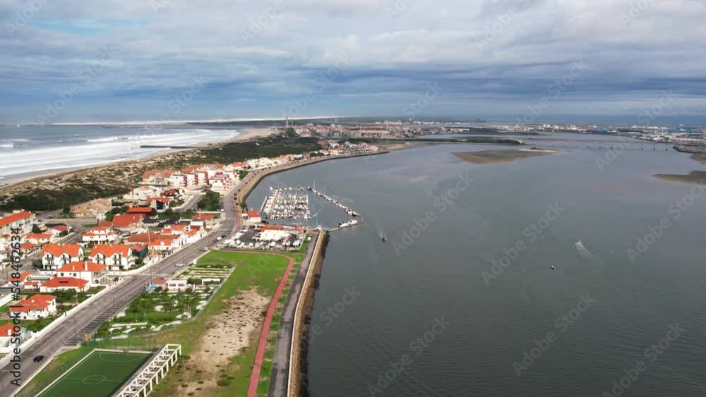 Aerial flying forward over Aveiro estuary on cloudy day. Portugal Aerial flying forward over Aveiro estuary on cloudy day. Portugal