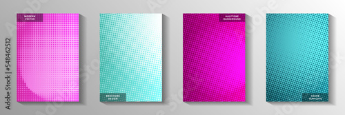 Creative circle perforated halftone cover page templates vector set. Geometric catalog faded