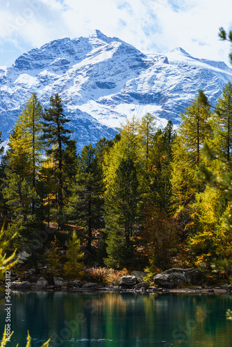 The saoseo lake with its spectacular colors and the swiss alps with the autumn light  near the village of Poschiavo  Switzerland - October 2022.