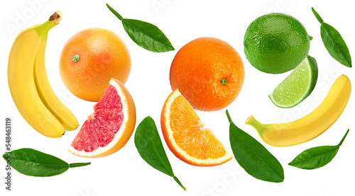 flying exotic fruits. banana  lime  grapefruit and orange fruit isolated on white background. clipping path