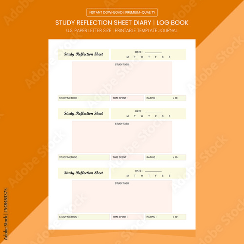 Study Reflection Sheet | Study Reflection Log Book | Study Reflection Notebook Printable Template | Diary Journal