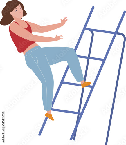 Woman falls from step ladder vector flat illustration. Female bad luck dangerous accident