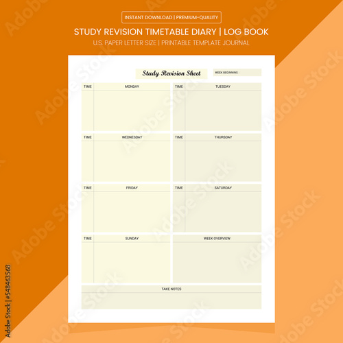 Study Revision Timetable Log Book | Study Revision Timetable Notebook Printable Template | Diary Journal