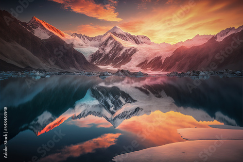 Reflections in a glacial lake at sunset
