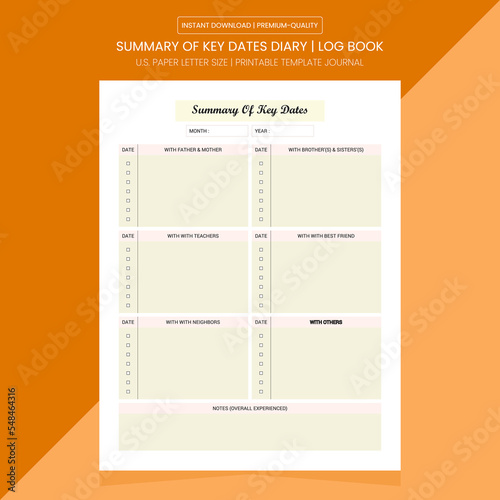Summary of Key Dates Log Book | Summary of Key Dates Notebook Printable Template | Diary Journal