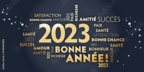 Carte de voeux – bonne année 2023 - noir et dorée - Nous vous souhaitons Bonne Année 2023 Typographie en or de langue française sur fond noir