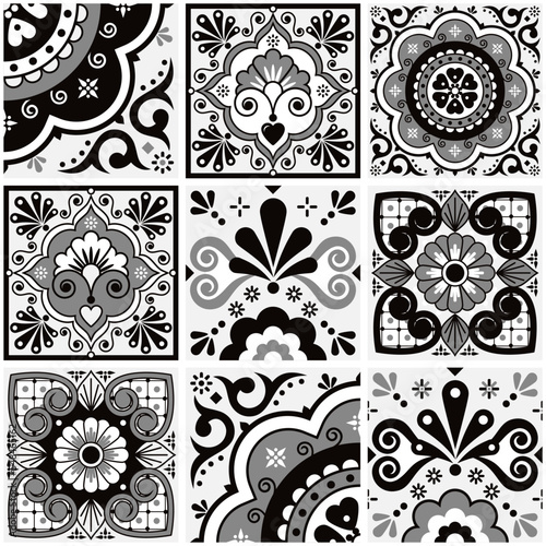 Mexican talavera tiles vector seamless black, gray and white pattern with flowers leaves, hearts and swirls - big set, repetitive design styled as Mexican ornamental tiles
