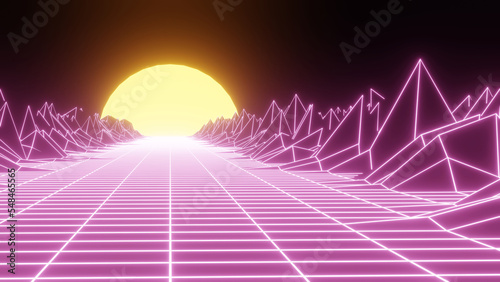 Retro neon sunset. Vaporwave vintage 3D neon landscape.3d illustration