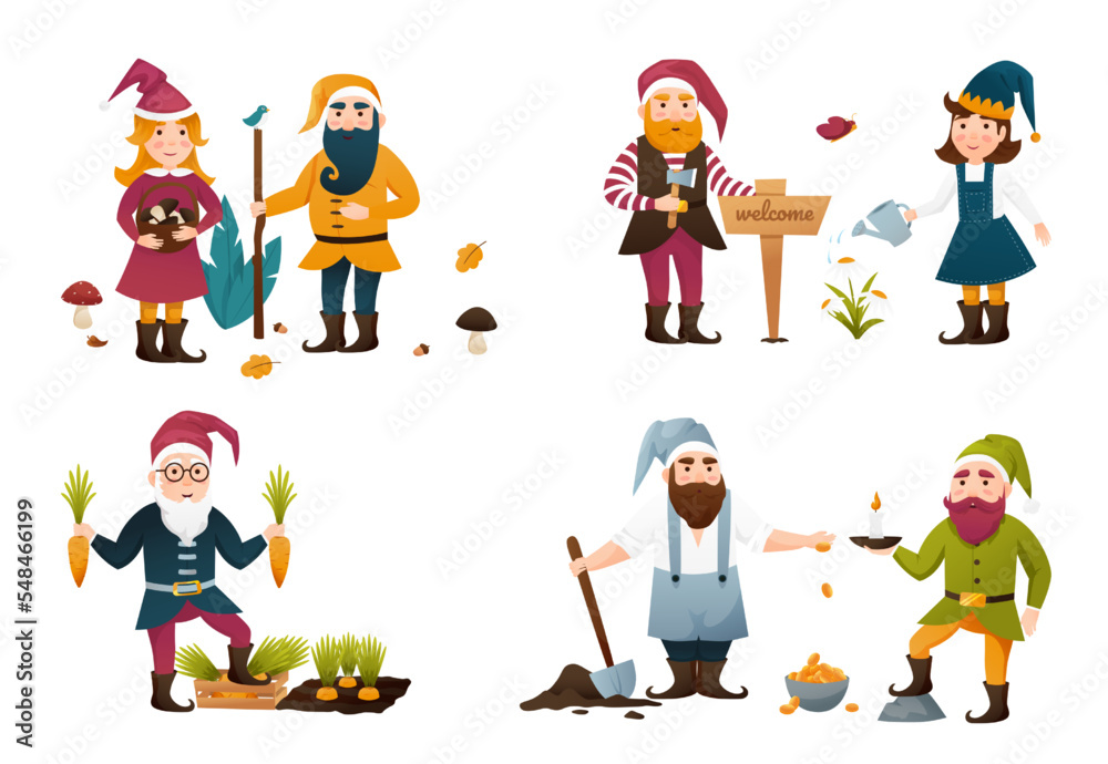 Gnome set. Gardening cute. Set of cute fairytale characters. Bundle of lawn ornaments or decorations. Flat cartoon vector illustration. Gnome set. Gardening cute. Set of cute fairytale characters. Bundle of lawn ornaments or decorations. Flat cartoon vector illustration.