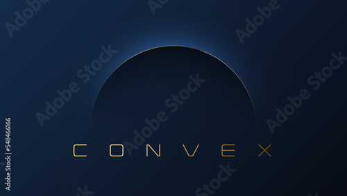 Minimalist blue premium abstract background with volume arc line golden shape. Luxury geometric minimal vector design business poster, brochure, presentation, banner. Ultra thin convex graphic