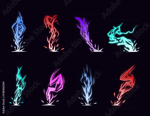 Lightning animation set with sparks. Cartoon lightning effect. Thunderbolt strike comic sprite asses for 2D game