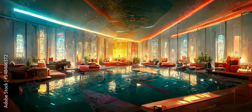 Cyberpunk luxurious hotel wellness area with futuristic indoor pool area and eastern inspired furniture in optimistic futuristic neon colors.. Synthwave styled interior in pink orange purple tones