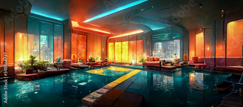 Cyberpunk luxurious hotel wellness area with futuristic indoor pool area and eastern inspired furniture in optimistic futuristic neon colors.. Synthwave styled interior in pink orange purple tones © CravenA