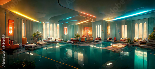 Cyberpunk luxurious hotel wellness area with futuristic indoor pool area and eastern inspired furniture in optimistic futuristic neon colors.. Synthwave styled interior in pink orange purple tones © CravenA
