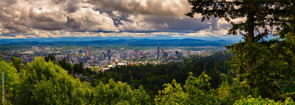 Large panorama of Portland skyline in Oregon from Pittock Mansion viewpoint