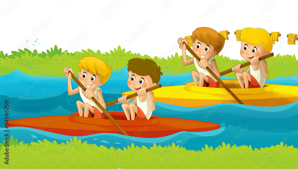 cartoon summer with kids training sport in nature kayak  illustration for children