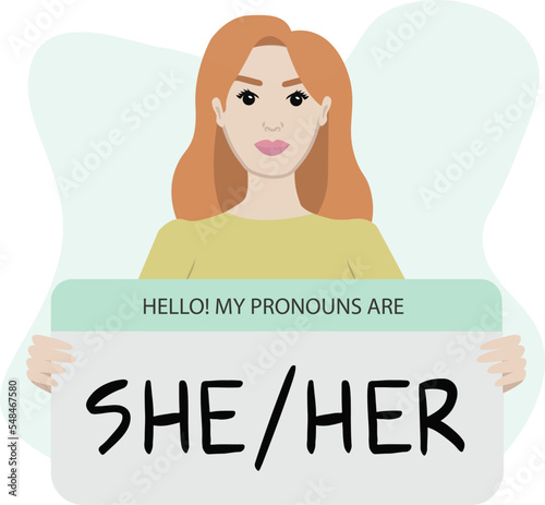 Gender pronouns. Female person holding sign with pronoun. Vector illustration.