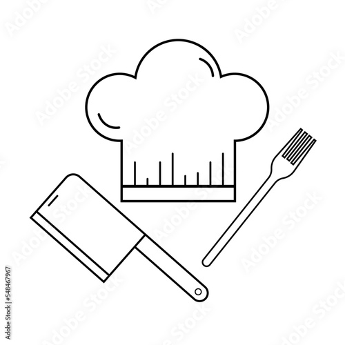 Illustrations icones vectoriels sur le thème de la cuisine, de la gastronomie avec un couteau, une toque et une fourchette