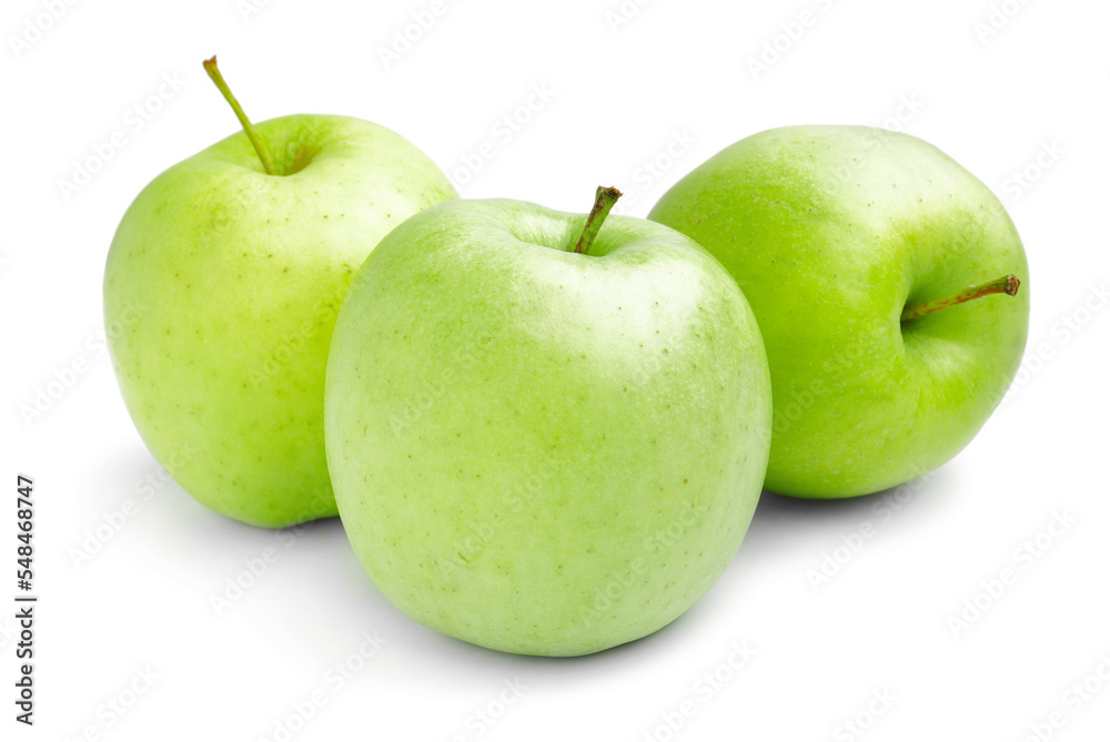 Ripe green apples on white background