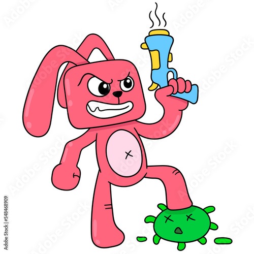 Vector illustration of a bunny cartoon character killing the virus isolated on white background