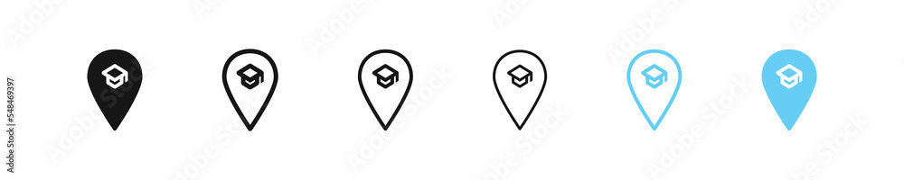 Obraz premium Pin study icon. University location sign. School geo place symbol. College location icon. Black and blue color. Vector sign.