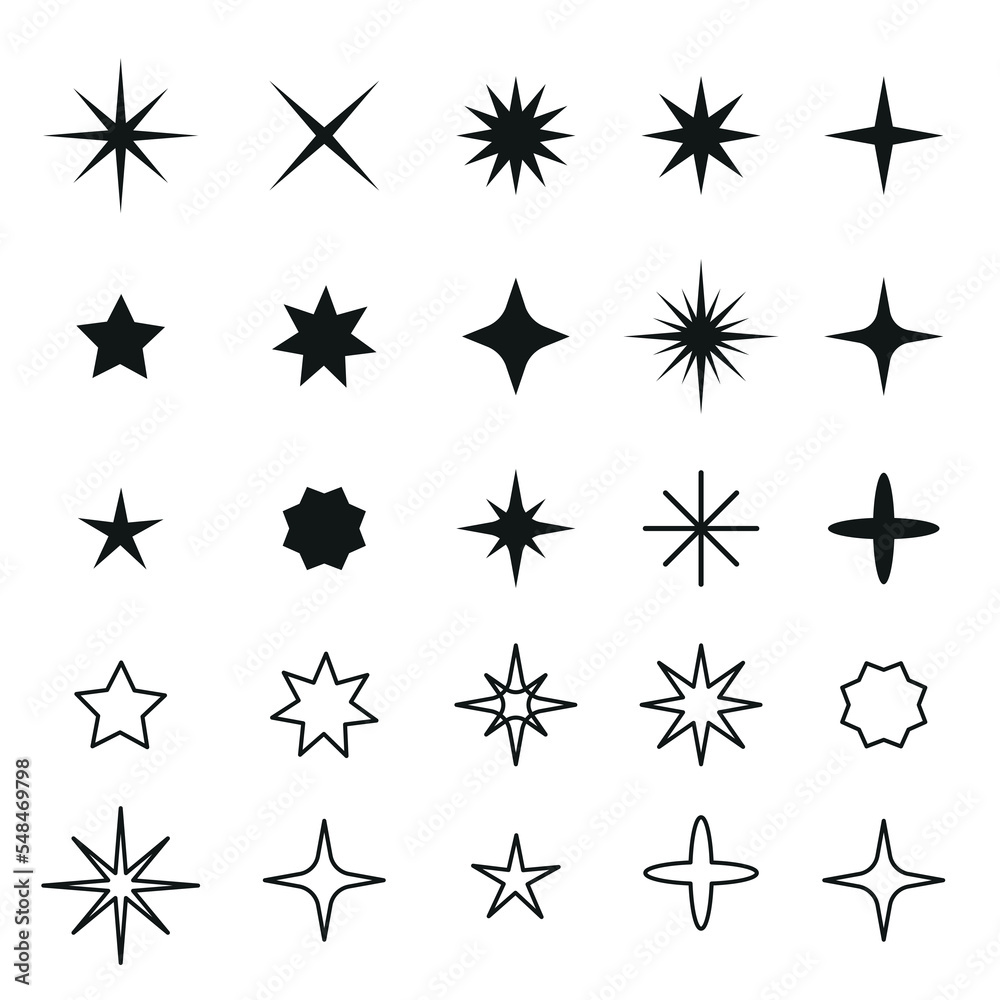Black icons of different shapes of stars isolated on white background