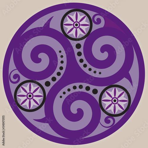 Symbole celtique - Nœud celtique et cercle Triskel - Trinité - Géométrie sacrée - Points d'énergie et roue du Dharma Couleurs violet et pourpre