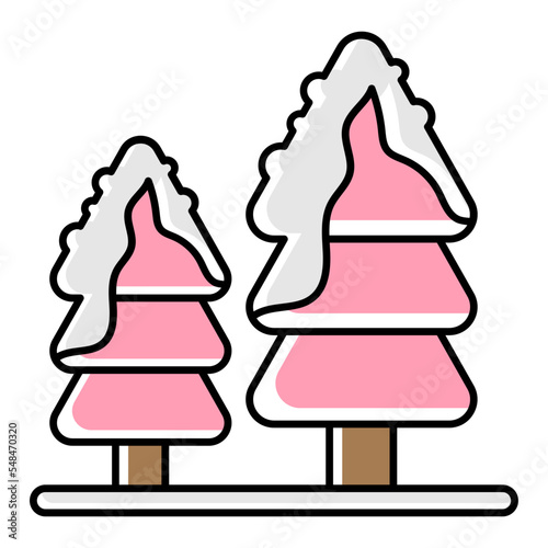 boreal forest vector color omission icon design, Winter Season Element symbol, Snowboarding Equipment Sign, extreme sports stock illustration, Snow Covered Trees Concept