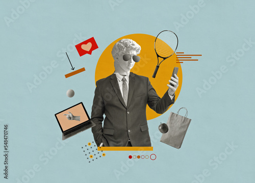 Creative collage modern business man with an antique david's head  photo