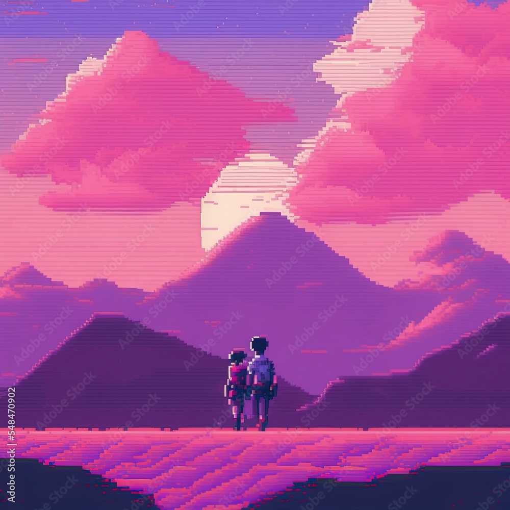 Romantic couple against pink evening landscape. Sunset sky. Pixelated Valentine's Day card in pink colors. Retro pixel art in a style of 80's. Digital painting illustration.	