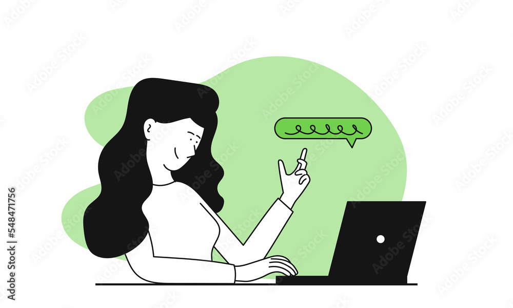 Woman talking on a laptop vector illustration concept. Remote communication and online technology. Network meeting or conference from home. Digital webinar and connection to learning. Virtual message Woman talking on a laptop vector illustration concept. Remote communication and online technology. Network meeting or conference from home. Digital webinar and connection to learning. Virtual message