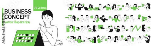 Business concept illustration set with people. Office work and management job collection. Communication teamwork and character organization. Man and woman collaboration and professional marketing