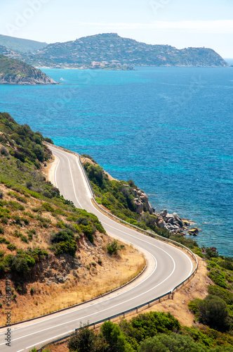 Panoramic road along the coast in Villasimius. Road 17 between Cagliari and Villasimius, Sardinia, Italy